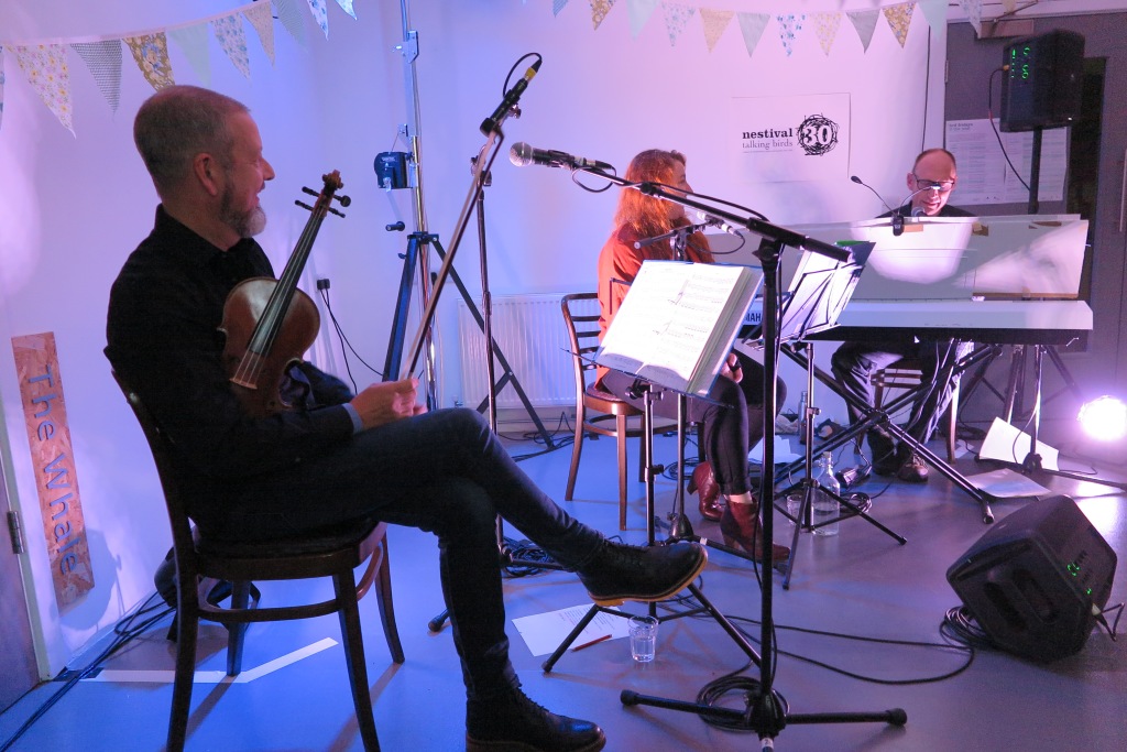 Three musicians on stage, a man in repose with a violn, a woman and a man behind a keyboard, all with music stands and bunting overhead.